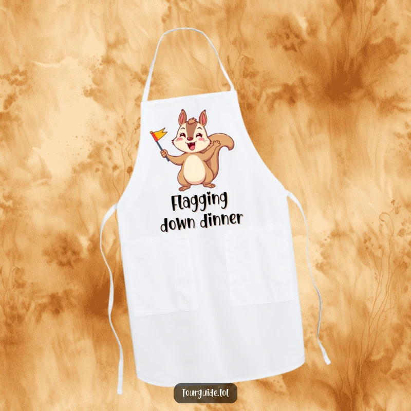Funny playful squirrel waving a colorful flag, printed on a durable kitchen apron.