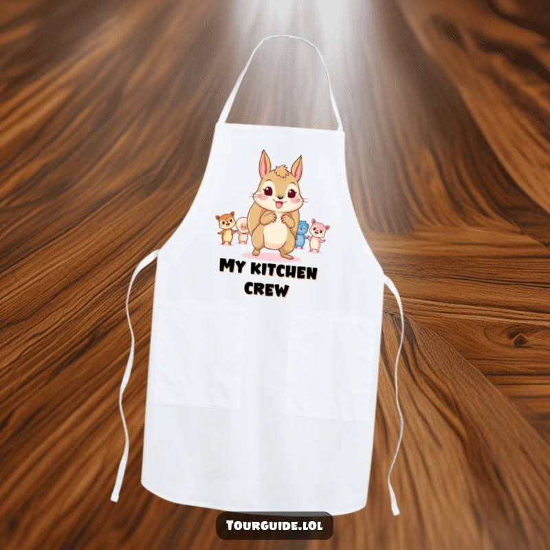 Funny Squirrel Leader Apron: A playful squirrel leads tiny, curious onlookers, adding fun to kitchen tasks.