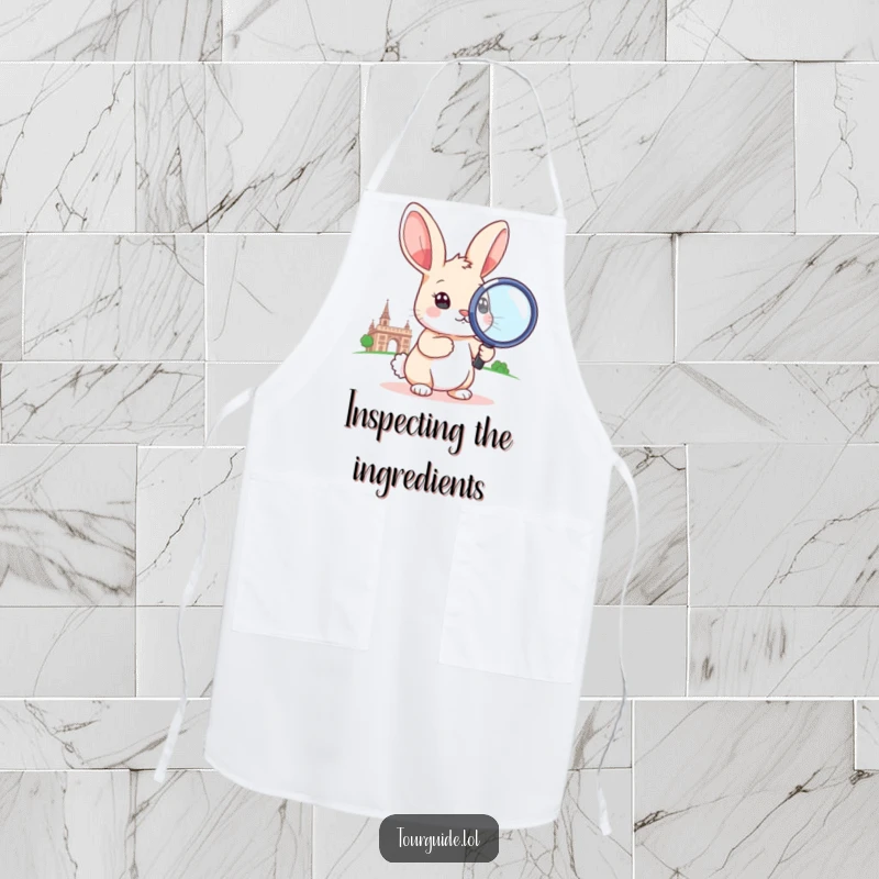 Funny little rabbit holding an oversized magnifying glass to a landmark, printed on a durable apron.