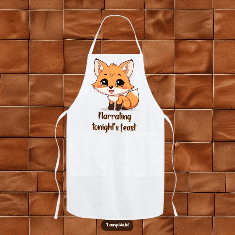 Funny charming fox cub with a wide smile narrating a scene, printed on a durable apron.