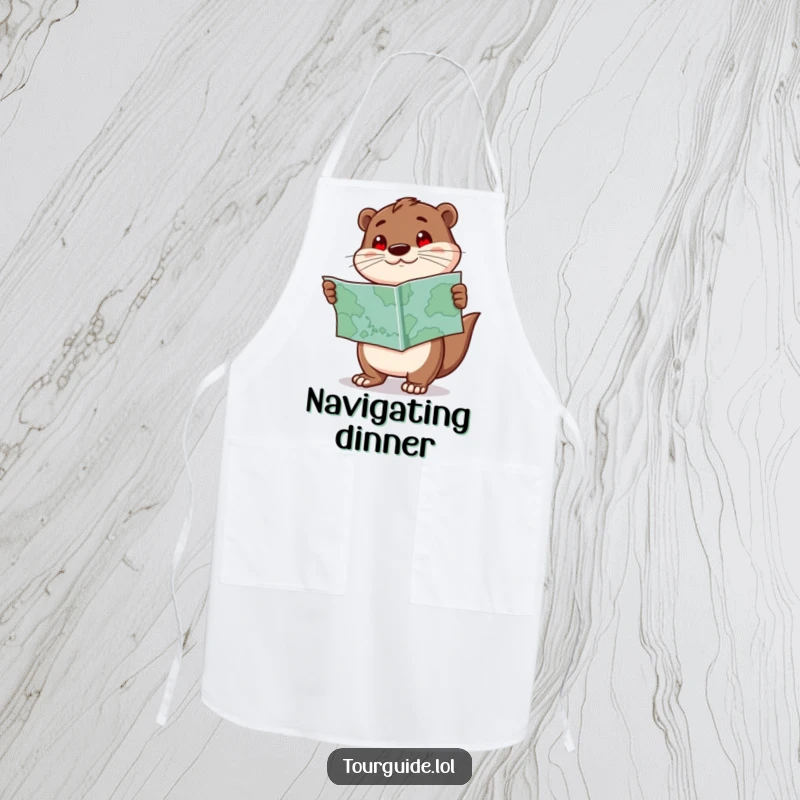 Funny Otter Apron: An enthusiastic otter character holds a map and points forward, ready for kitchen adventures.