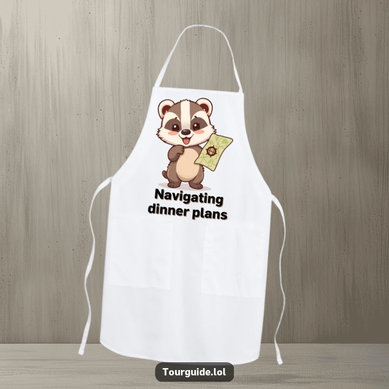 Funny cute badger cub pointing with glee at a map, printed on a practical kitchen apron.