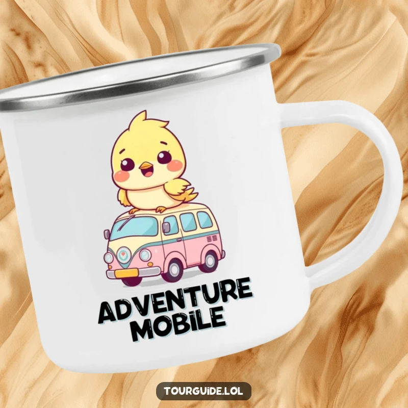 Funny Camping Mugs: A joyful bird cub humorously sits atop its miniature bus, perfect for outdoor adventures.