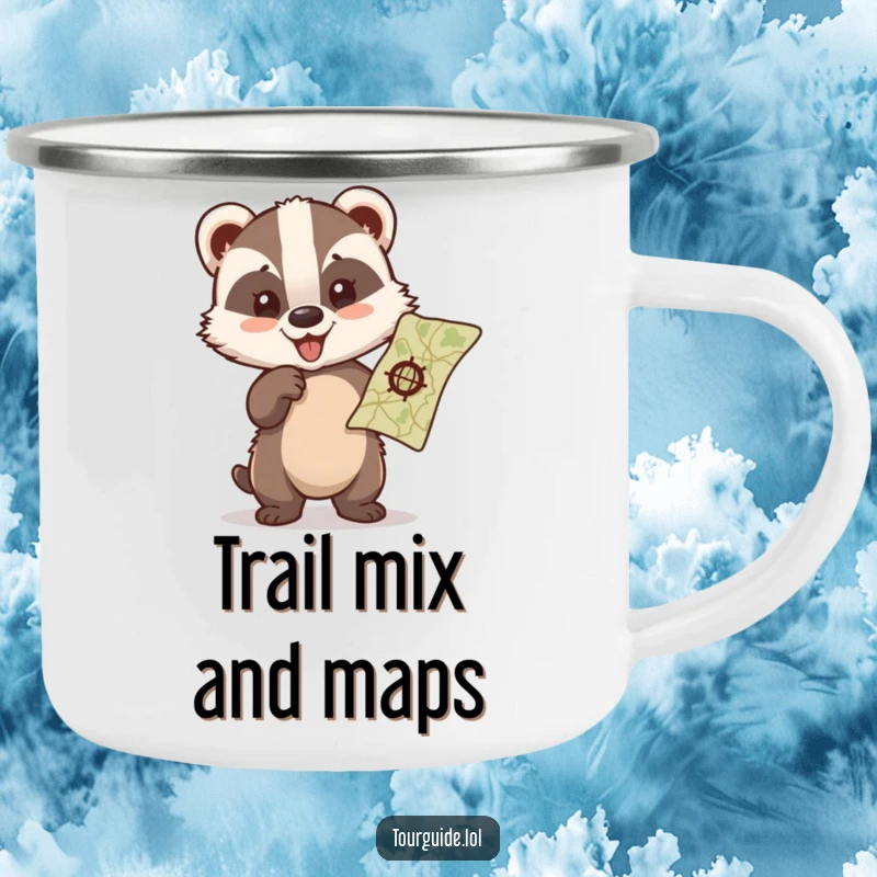 Funny badger cub excitedly pointing at a map on a durable camping mug, ready for adventure.