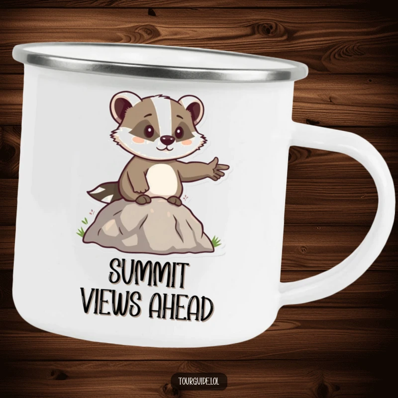 Funny Badger Leader Camping Mug: A determined badger points the way, perfect for outdoor direction.