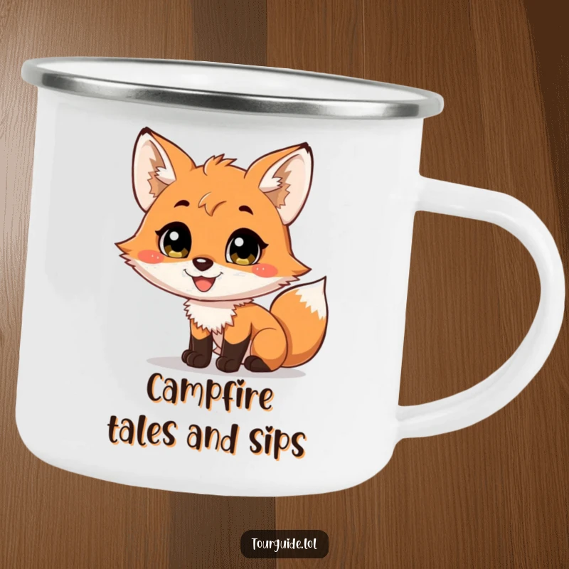 Funny charming fox cub with a wide smile narrating a scene on a durable camping mug.
