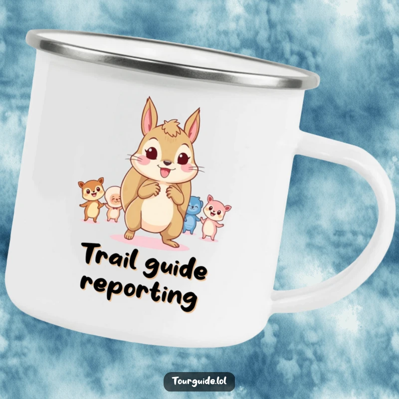 Funny Squirrel Leader Camping Mug: A playful squirrel leads tiny, curious onlookers, perfect for outdoor guidance.
