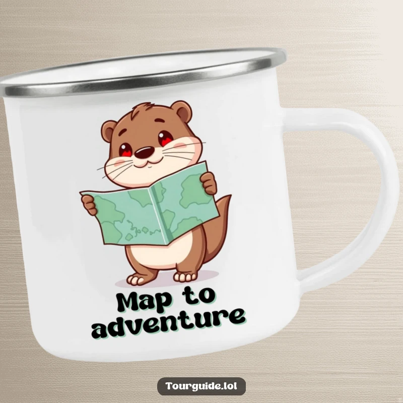 Funny Otter Camping Mug: An enthusiastic otter character holds a map and points forward, perfect for outdoor adventures.