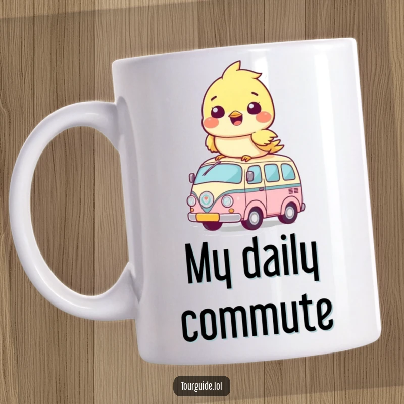 Funny Mugs: A happy bird cub sits proudly atop its tiny, adorable bus, radiating pure joy and charm.