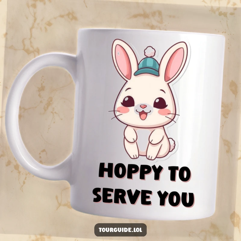 Funny Rabbit Hat Mug: A cheerful rabbit character wears a small hat and flashes a welcoming grin.