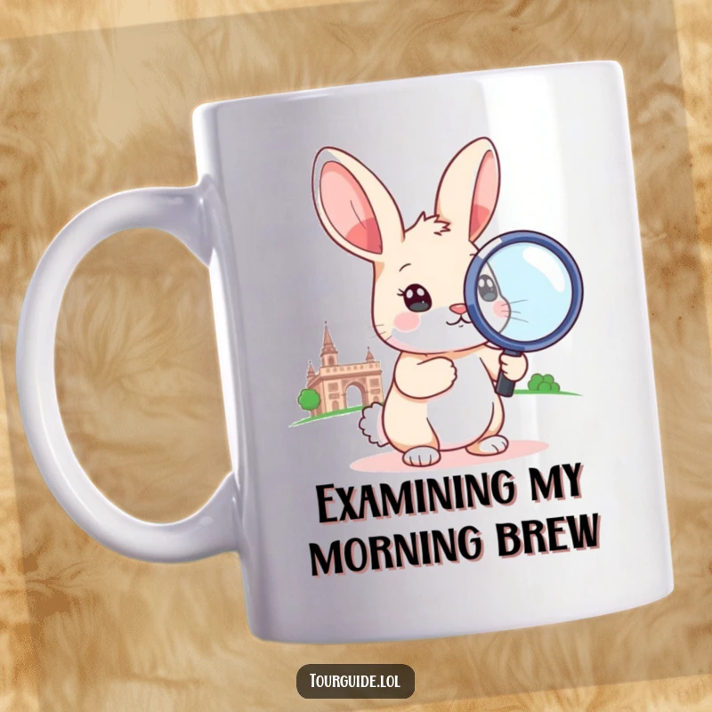Funny little rabbit holding an oversized magnifying glass to a landmark on a cheerful mug.