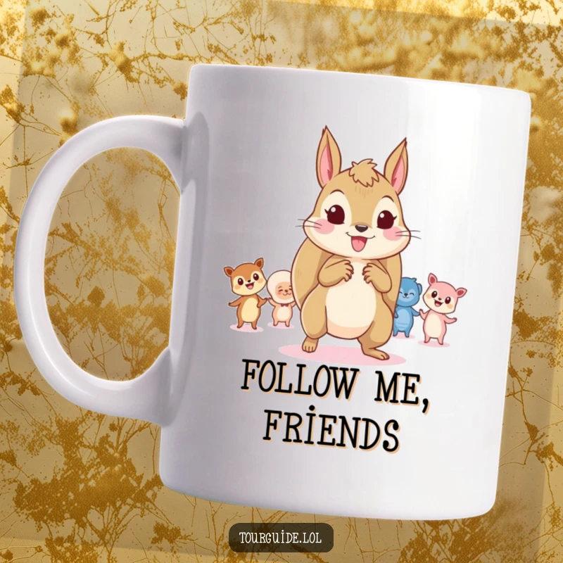 Funny Squirrel Leader Mug: A playful squirrel character leads tiny, curious onlookers with enthusiasm.