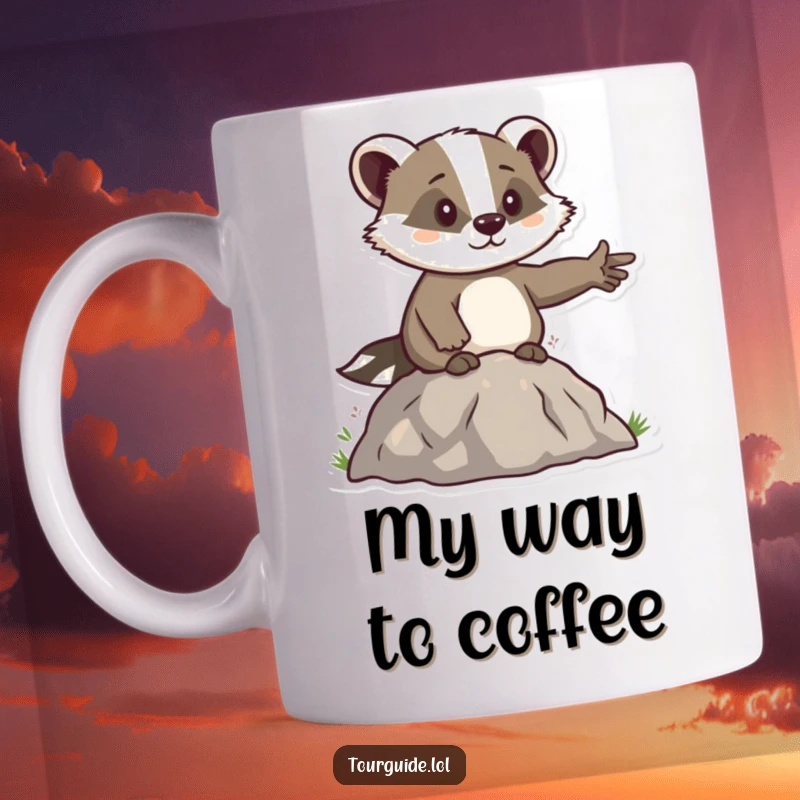 Funny Badger Leader Mug: A determined badger character confidently stands atop a hill, pointing the way forward.