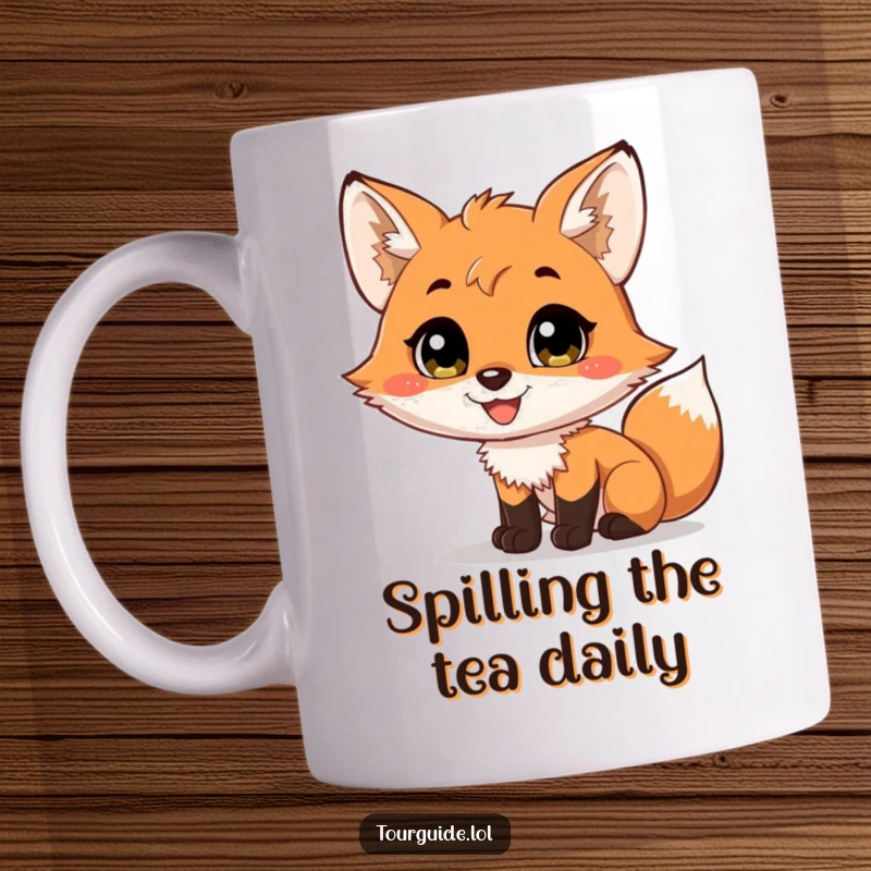 Funny charming fox cub with a wide smile, narrating a scene on a cheerful mug.
