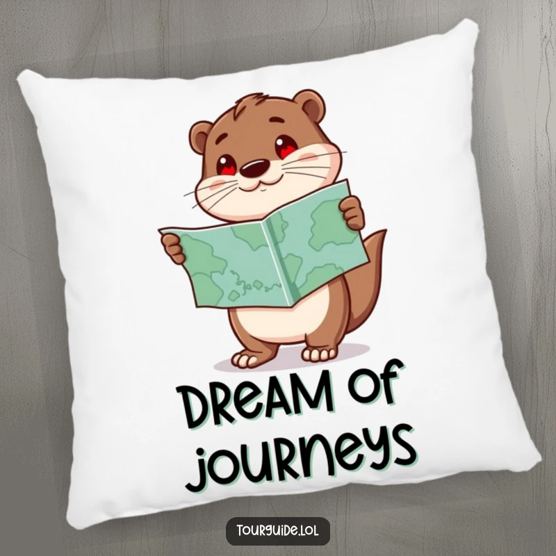 Funny Otter Pillow: An enthusiastic otter character holds a map and points forward, offering cozy comfort and adventure vibes.