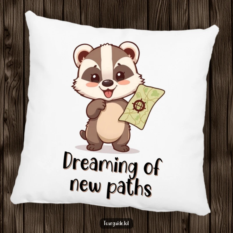 A soft pillow featuring a funny badger cub pointing with great glee at a map.
