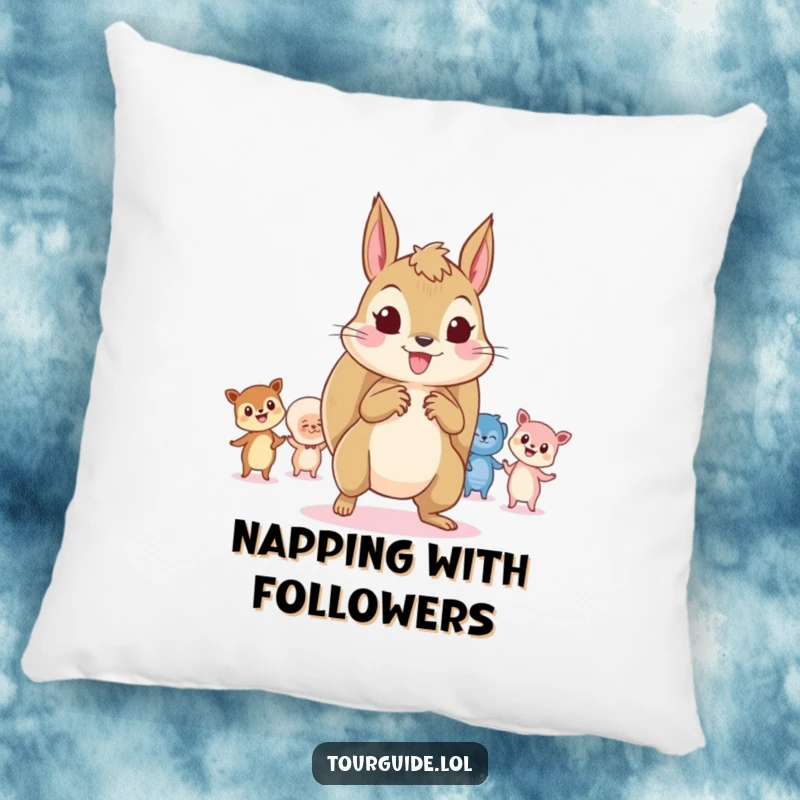 Funny Squirrel Leader Pillow: A playful squirrel character leads tiny, curious onlookers, offering cozy leadership vibes.