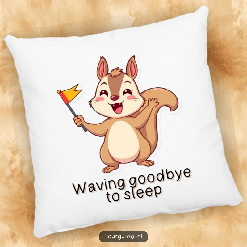 A soft, plush pillow featuring a funny squirrel enthusiastically waving a colorful flag.