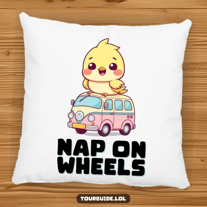 Funny Pillows: A sweet bird cub humorously sits atop its personal tiny bus, offering comfort and cuteness.