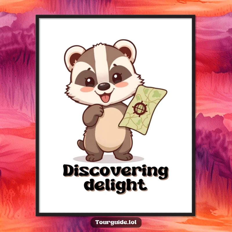 Digital art print of a funny badger cub enthusiastically pointing at a map with glee.
