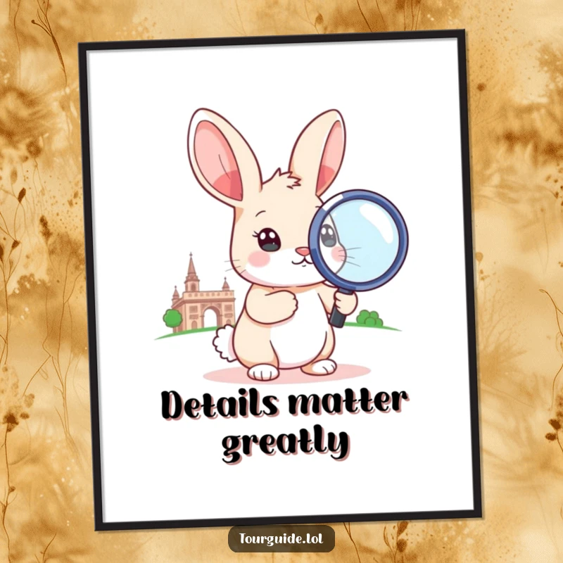 Digital art print of a funny, little rabbit holding an oversized magnifying glass to a landmark.