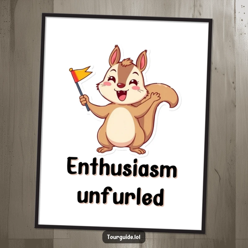 Digital art print of a funny, playful squirrel enthusiastically waving a small, colorful flag.