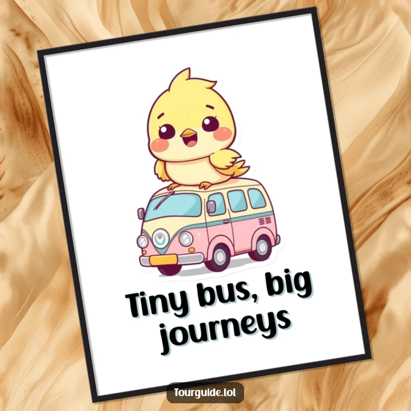 Funny Digital Art: A sweet bird cub humorously sits atop its personal miniature bus, a whimsical and joyful illustration.