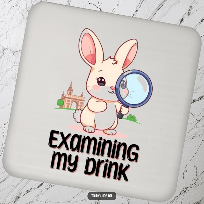 A funny rabbit holding a large magnifying glass to a landmark, featured on a protective drink coaster.