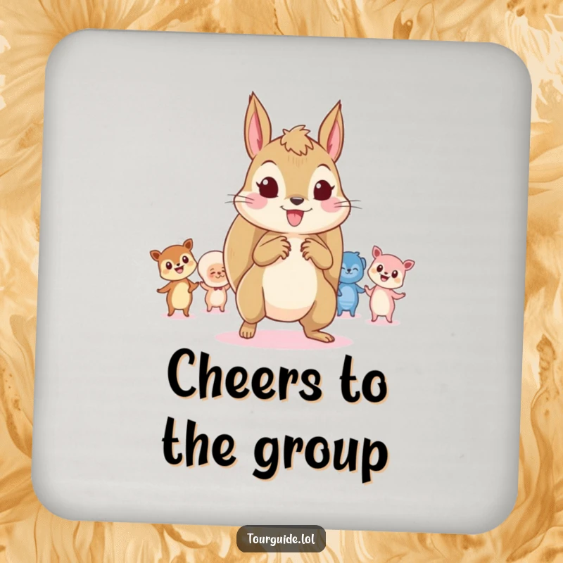 Funny Squirrel Leader Coaster: A playful squirrel leads tiny, curious onlookers, a humorous touch for your drinks.