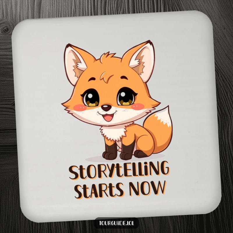 A funny fox cub with a wide smile, narrating a scene, featured on a protective drink coaster.