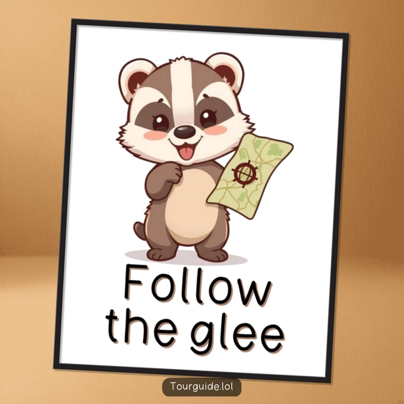 Funny badger cub enthusiastically pointing at a map with a look of pure glee, on a poster.