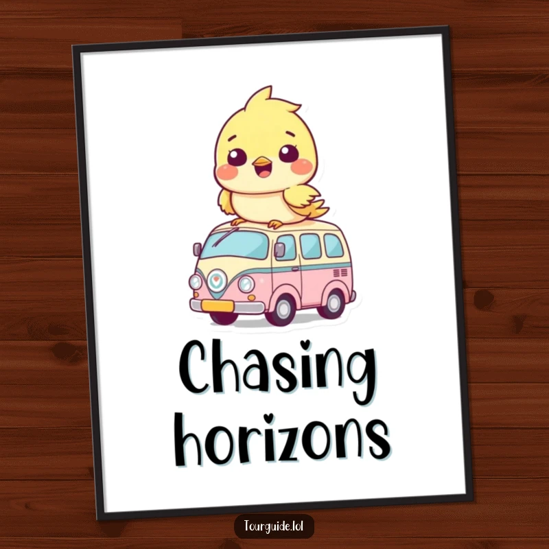 Funny Posters: A charming bird cub is humorously perched on top of its very own miniature bus, creating a delightful scene.