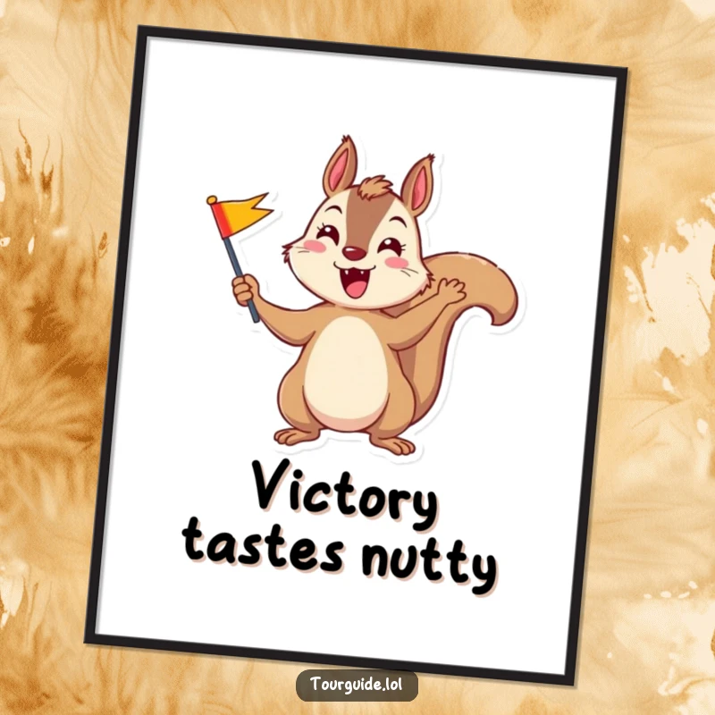 A playful squirrel enthusiastically waving a small, colorful flag, presented as a charming and funny poster.