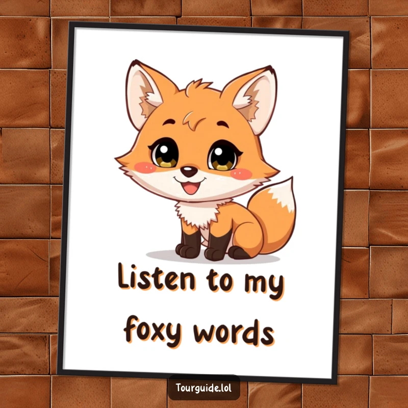 A charming fox cub with a wide smile, dynamically narrating a scene, presented as a funny poster.