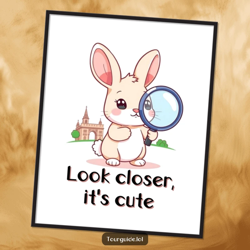 A small rabbit holding an oversized magnifying glass to examine a landmark, presented as a funny poster.