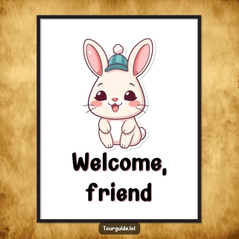 Funny Rabbit Hat Poster: A cheerful rabbit character in a small hat beams with a welcoming grin, radiating joy.