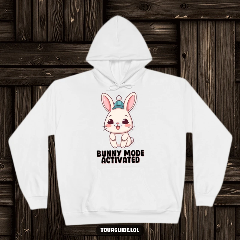 Funny Rabbit Hat Hoodie: A cheerful rabbit character in a small hat greets everyone with a warm and welcoming grin.
