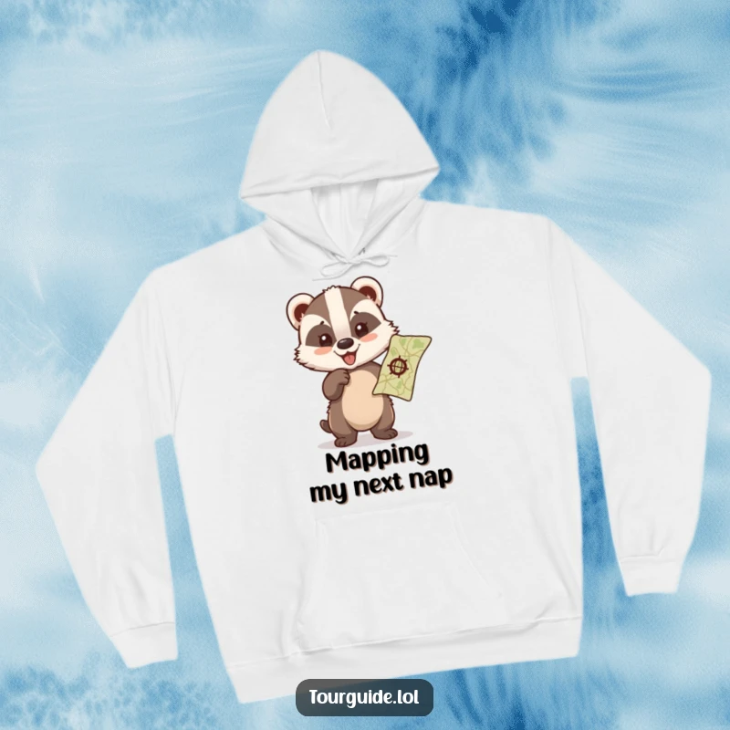 Funny badger cub pointing at a map with glee, printed on a soft, warm hoodie.