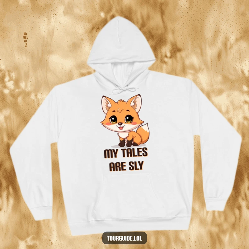 Funny charming fox cub with a wide smile narrating a scene, printed on a warm hoodie.