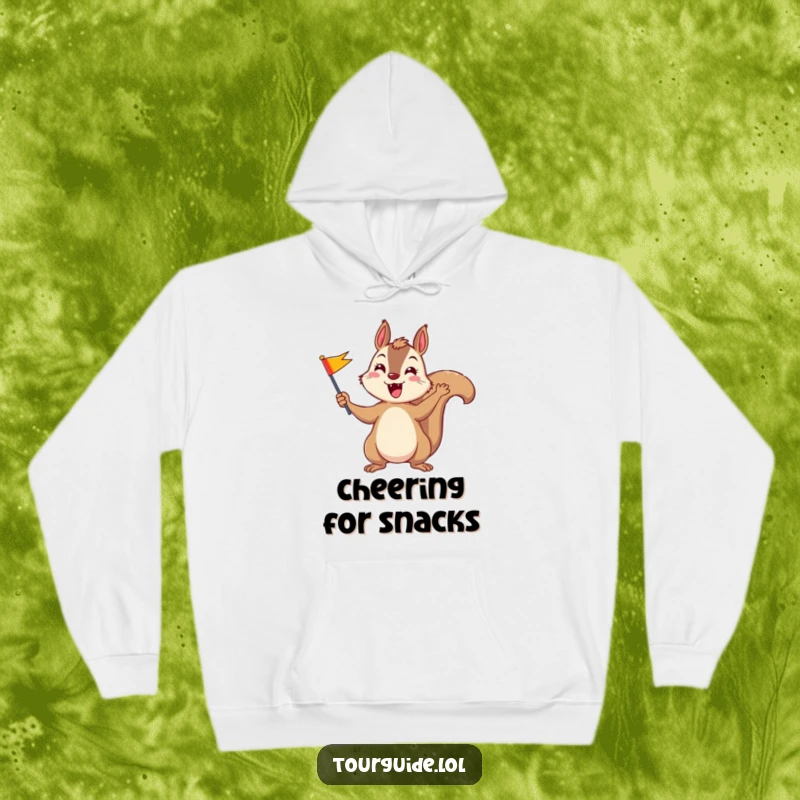 Funny squirrel enthusiastically waving a colorful flag, printed on a warm and cozy hoodie.