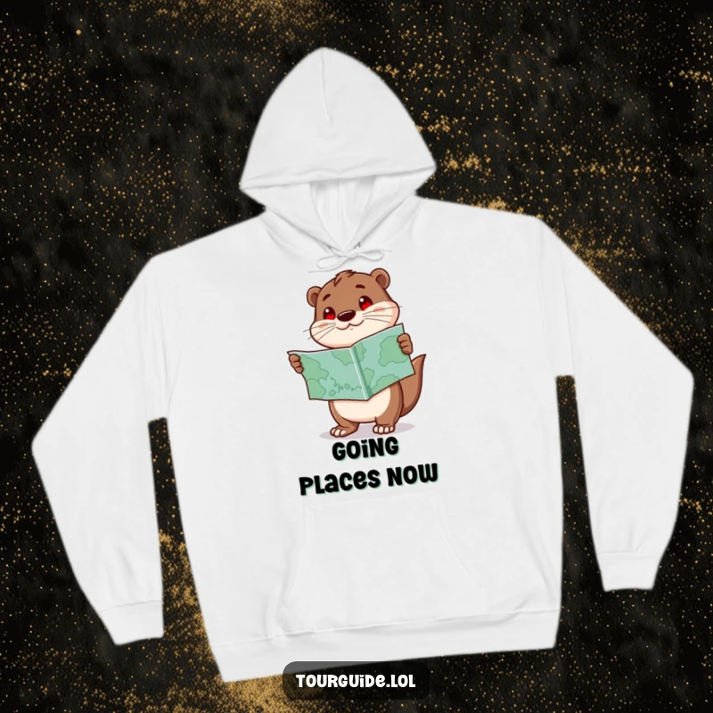Funny Otter Hoodie: An enthusiastic otter character navigates with a map, pointing forward with excitement for any journey.