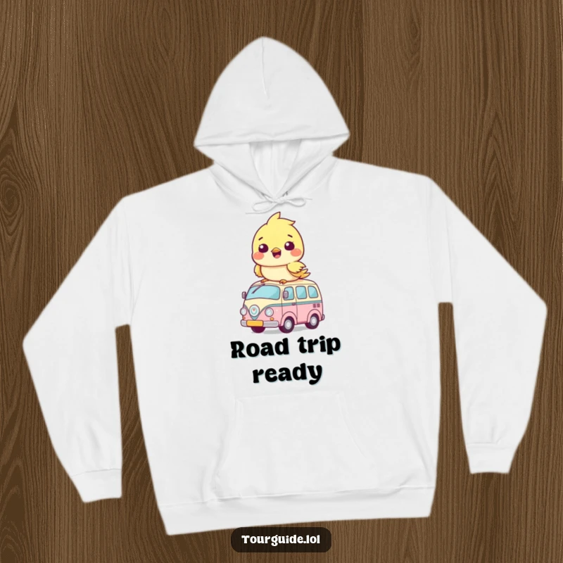 Funny Hoodies: A delightful bird cub is humorously perched on its own miniature bus, cozy and content.