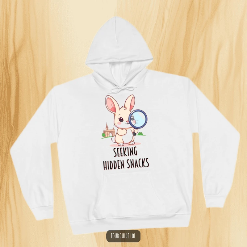 Funny little rabbit holding an oversized magnifying glass to a landmark, printed on a warm hoodie.