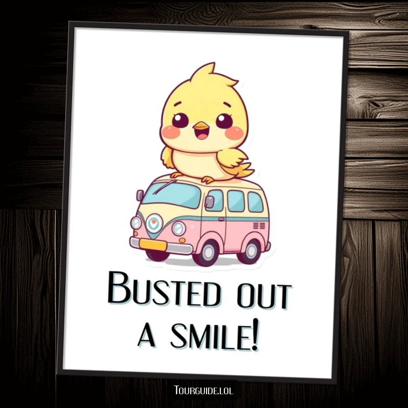 Funny Free Printable Wall Art: A delightful bird cub perched cheerfully atop its own miniature yellow bus, ready to brighten your day.