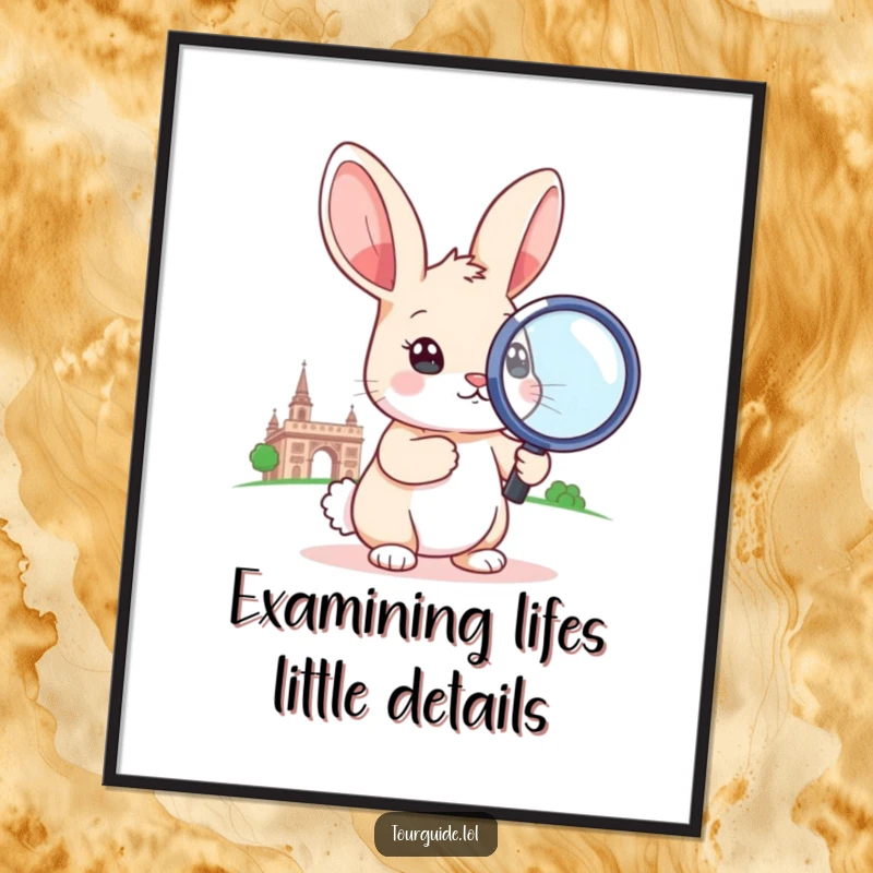 Funny Free Printable Wall Art of a little rabbit intently looking through a magnifying glass at a landmark.