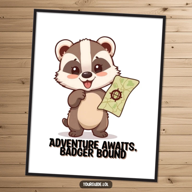 Funny Free Printable Wall Art of an excited badger cub pointing at a map, inspiring exploration.