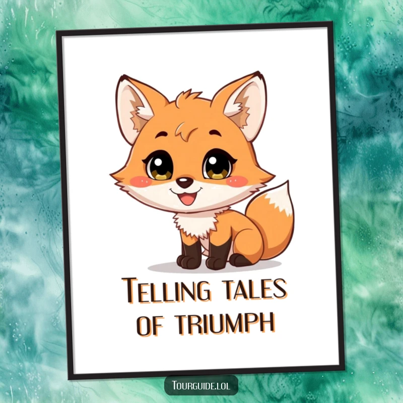 Funny Free Printable Wall Art of a smiling fox cub narrating a scene with captivating expression.