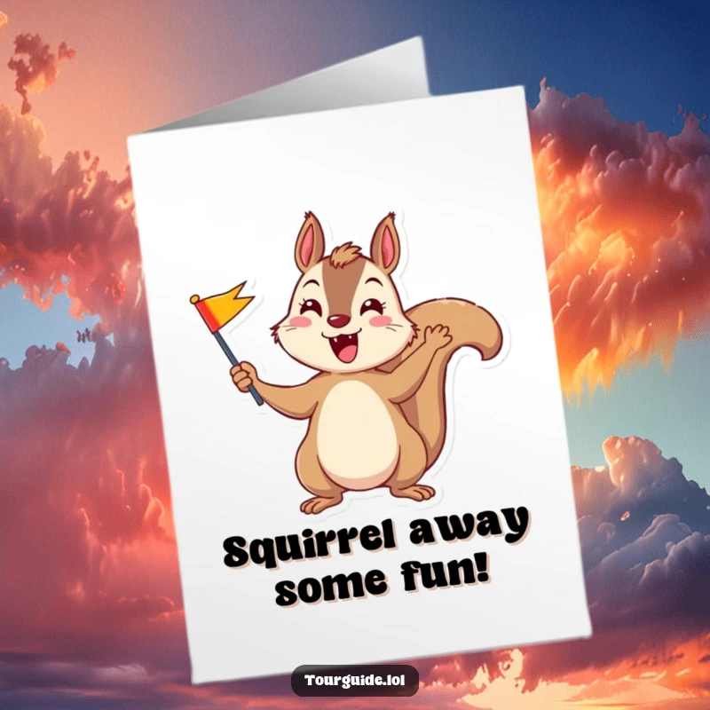 Funny Free Printable Birthday Card featuring a playful squirrel enthusiastically waving a small, colorful flag.