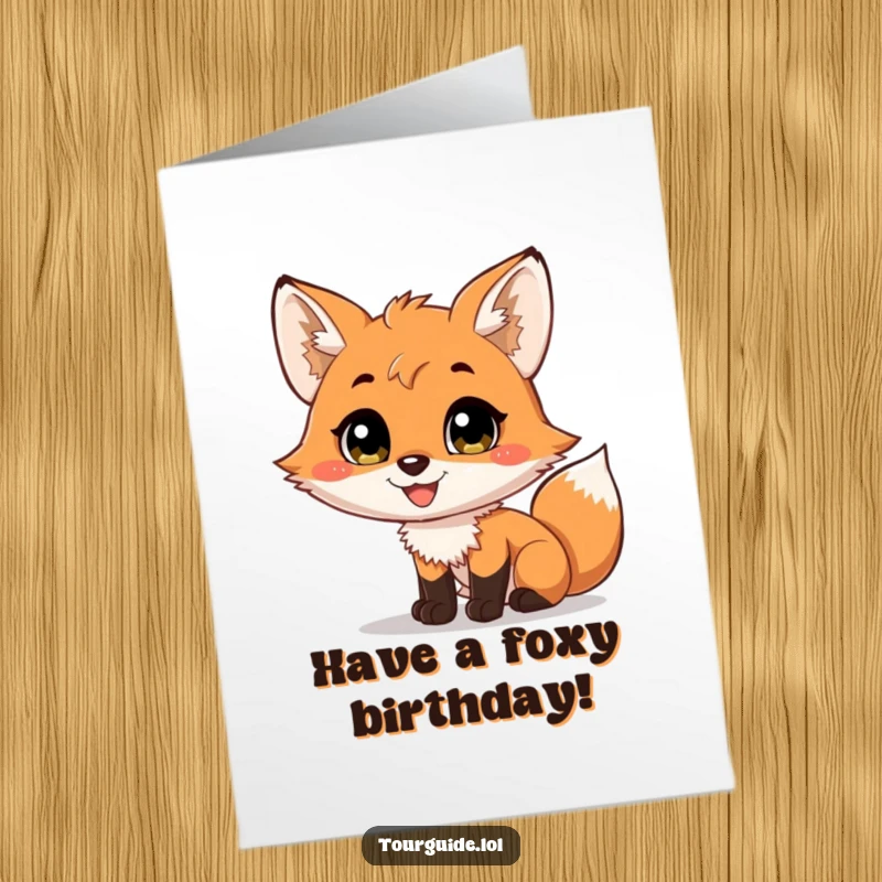 Funny Free Printable Birthday Card featuring a charming fox cub with a wide smile, ready to narrate.