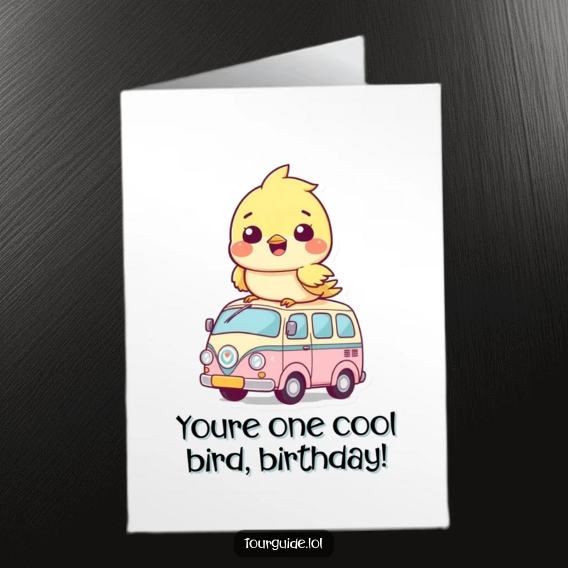 Funny Free Printable Birthday Card: A cheerful bird cub proudly sits atop its own miniature yellow bus, ready for celebration.
